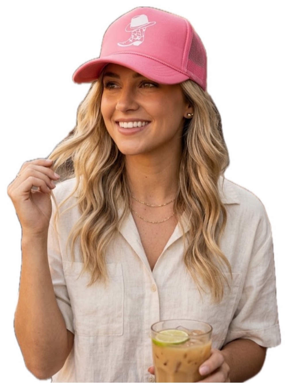 WOMENS PINK WESTERN SNAPBACK ROPE TRIM TRUCKER HAT BOOT COASTAL NWOT